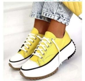 Platform Canvas Lace Up Sneakers (Color: Yellow, size: 5)