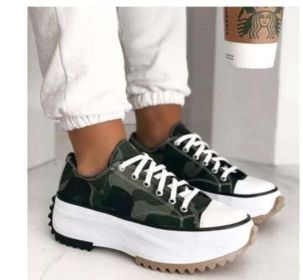 Platform Canvas Lace Up Sneakers (Color: Army Green, size: 5)