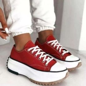 Platform Canvas Lace Up Sneakers (Color: Red, size: 5)