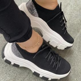 Flying Woven Lace Up Casual Platform Sneakers (Color: Black, size: 7.5)