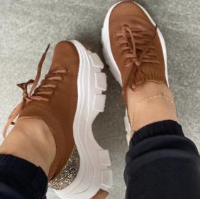 Flying Woven Lace Up Casual Platform Sneakers (Color: Brown, size: 7)