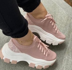 Flying Woven Lace Up Casual Platform Sneakers (Color: Pink, size: 7.5)