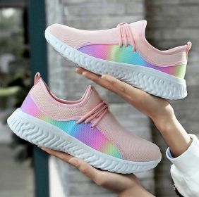 Rainbow Breathable Lace-Up Sneakers (Color: Pink, size: 5)