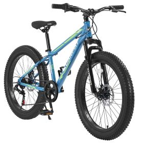 24 Inch Fat Tire Bike Adult/Youth Full Shimano 7 Speeds Mountain Bike, Dual Disc Brake, High-Carbon Steel Frame, Front Suspension, Mountain Trail Bike (Color: Green)